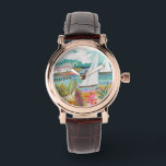 Montre Deux voiliers<br><div class="desc">Deux voiliers et Cottage II de Karen Fields. Il comprend deux voiliers flottant dans l'eau entourés de fleurs colorées et de chalets.</div>