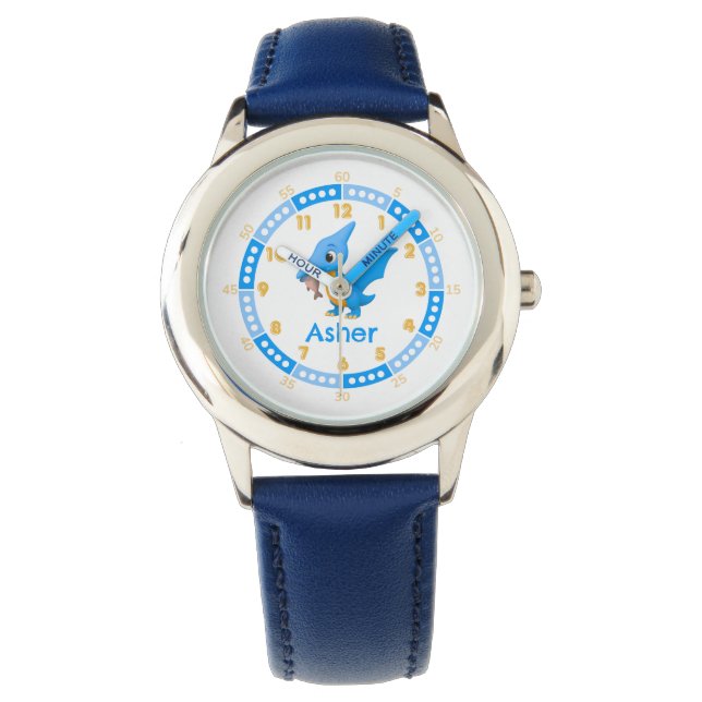 Montre Dinosaur bleu personnalisé Apprenez à dire l'heure (devant)