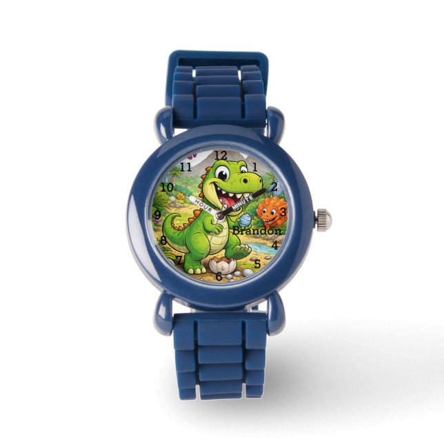 Montre Dinosaur Boy Modern Green Trex Custom Name Kids (Recto)