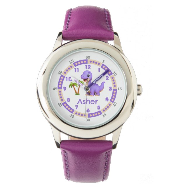 Montre Dinosaure Personnalisé Purple Cute Dinosaure Temps (devant)