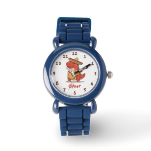 Montre Dinosaure rouge de fête avec sombrero et guitare
