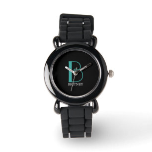 Montre DIY Large Monogram & Name, Teal/White Text, Black