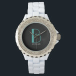 Montre DIY Large Monogram & Name, Teal/White Text, Black<br><div class="desc">Personalize this stylish and simple text design with your name in white and your large monogram in Teal on black background.</div>