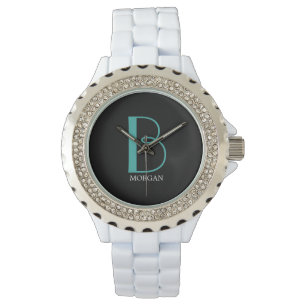 Montre DIY Large Monogram & Name, Teal/White Text, Black
