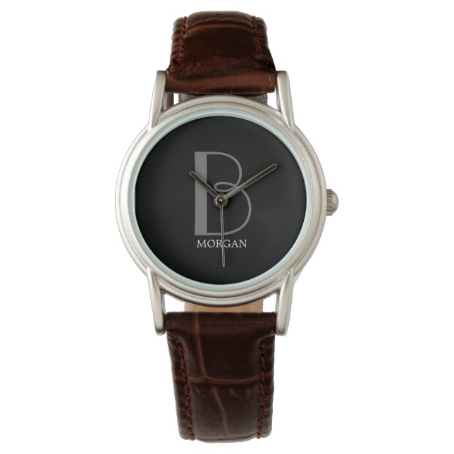 Montre do-it-yourself gros monogramme et nom, texte gris/ (devant)