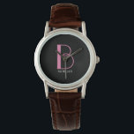 Montre do-it-yourself gros monogramme et nom, texte rose/<br><div class="desc">Personnalisez ce design de texte simple et élégant avec votre nom en blanc et votre grand monogramme en rose sur arrière - plan noir. Cliquez sur "Edit Using Design Tool" pour modifier les couleurs et les styles de type.</div>