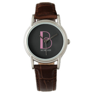 Montre do-it-yourself gros monogramme et nom, texte rose/