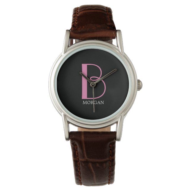 Montre do-it-yourself gros monogramme et nom, texte rose/ (devant)