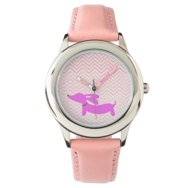 Montre Doxie Time : Oreilles Volantes Roses Dachshund + C (devant)