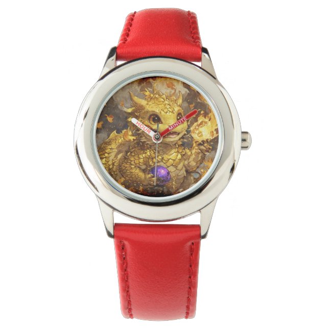 Montre Dragon Bébé Doré et flammes (devant)