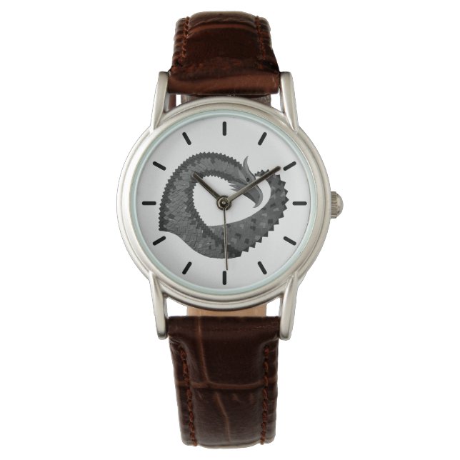 Montre Dragon de coeur noir sur blanc (devant)