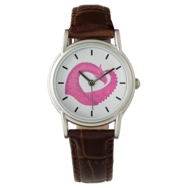 Montre Dragon de coeur rose chaud sur blanc (devant)