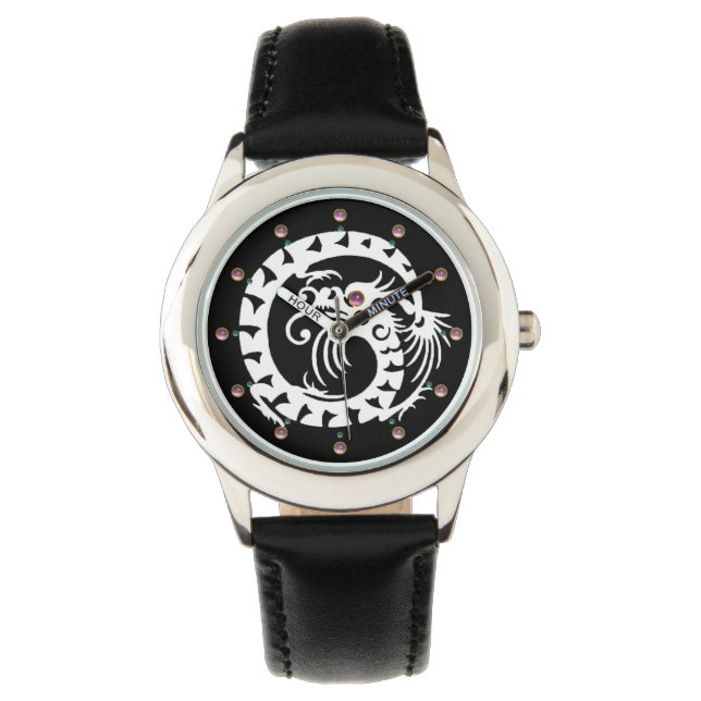 Montre DRAGON DE NAKE BLANC Noir, Pierres roses (devant)