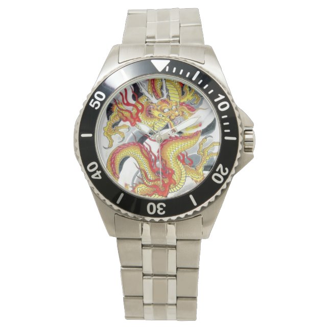 Montre Dragon Jaune Design japonais de tatouage (devant)