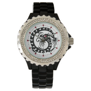 Montre DRAGON NOIR EN BLANC, Pierres rouges en rubis