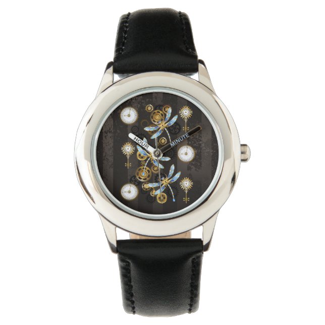 Montre Dragonflies de Steampunk sur arrière - plan rayé b (devant)
