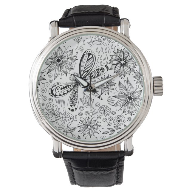 Montre Dragonfly et doodle de fleurs (devant)