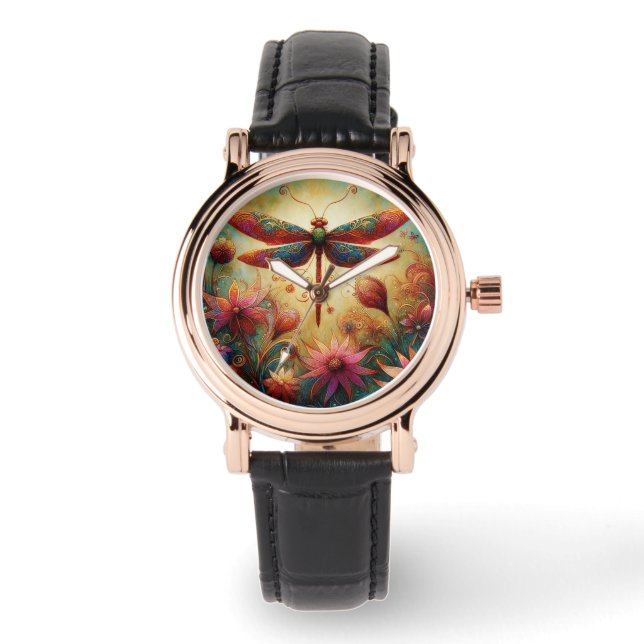 Montre Dragonfly lunaire Floral Art Abstrait Turquoise ro (Recto)