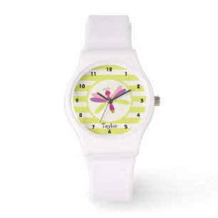 Montre Dragonfly rose et violet sur les bandes vertes de