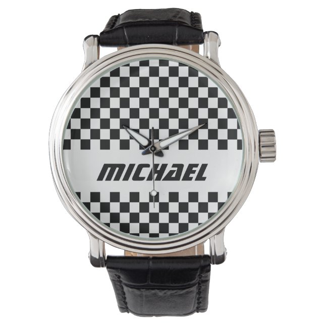 Montre Drapeau à damier noir et blanc Cool Racing Nom (devant)