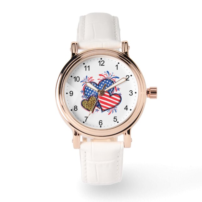 Montre Drapeau Américain Cœur Léopard Sublimation-64210 (Recto)