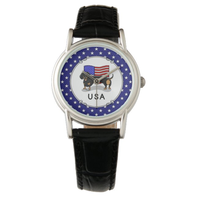 Montre Drapeau américain Dachshund - (noir & bronzé) (devant)