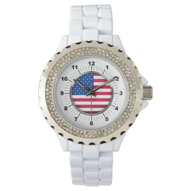 Montre Drapeau américain féminin Rhinestone White Enamel  (devant)