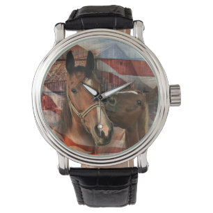 Montre Drapeau Américain Grange Rustique Cheval