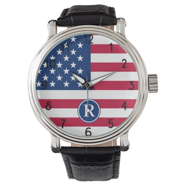 Montre Drapeau Américain Monogramme Personnalisé (devant)
