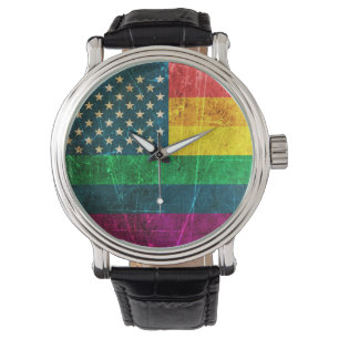 Montre Drapeau américain rayé d'arc-en-ciel de gay prid