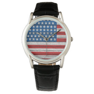 Montre Drapeau Américain Sur Motif De Grain De Bois Patin