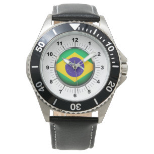 Montre Drapeau brésilien noir bracelet en cuir pour homme