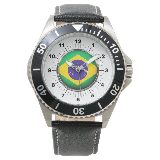 Montre Drapeau brésilien noir bracelet en cuir pour homme (devant)