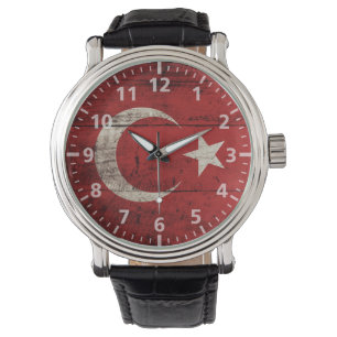 Montre Drapeau de la Turquie sur le vieux grain en bois