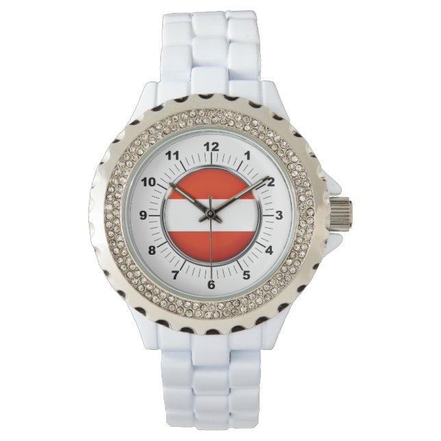 Montre Drapeau de l'Autriche féminin Rhinestone blanc éma (devant)
