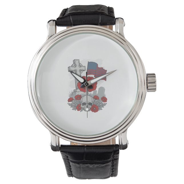 Montre Drapeau de pavot commémoratif Croix de gravure vin (devant)
