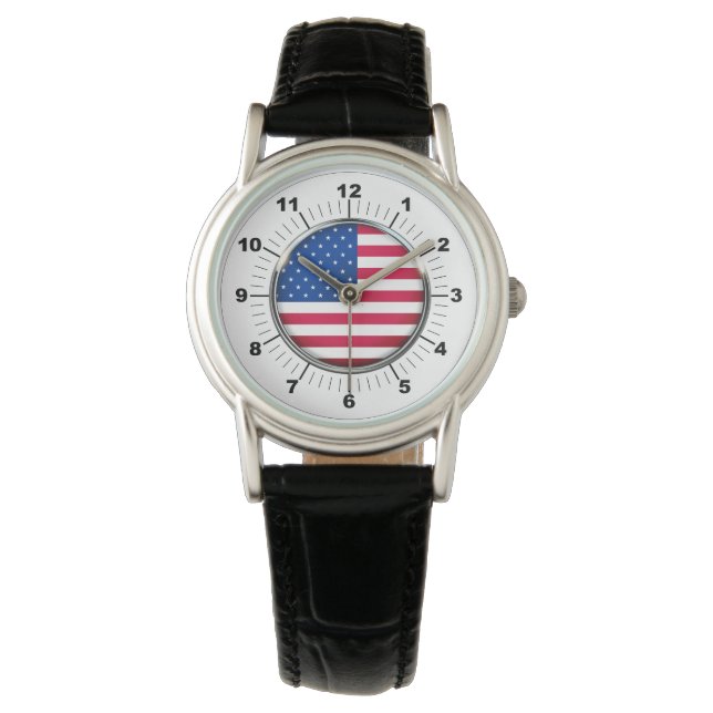 Montre Drapeau féminin USA Classic Black Leather Strap Wa (devant)
