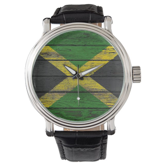 Montre Drapeau jamaïcain avec effet de grain de bois brut (devant)