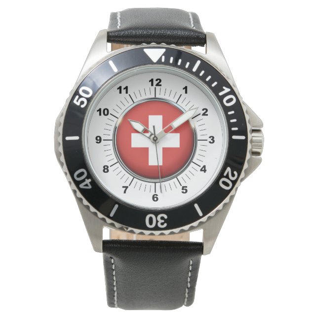 Montre Drapeau Suisse homme bracelet en cuir noir (devant)