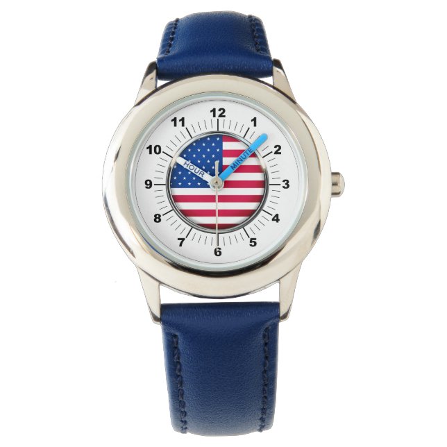 Montre Drapeau USA en acier inoxydable Bleu cuir (devant)