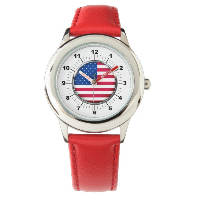 Montre Drapeau USA en acier inoxydable cuir rouge (devant)