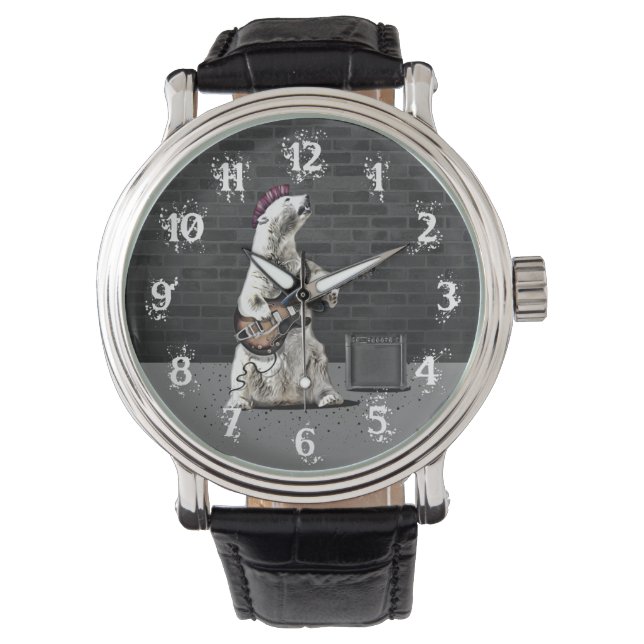 Montre Drôle Punk Rock Ours Jouant Guitare Heavy Metal (devant)