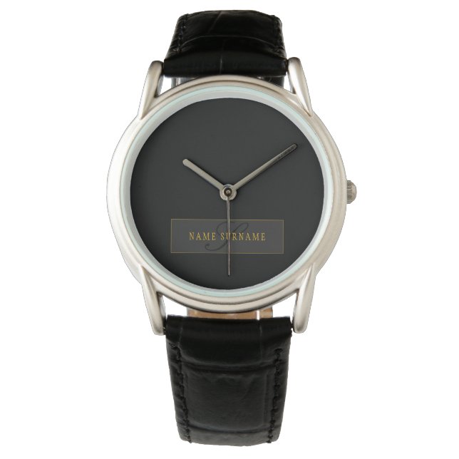Montre Écriture Élégante Monogramme Noir & Or (devant)