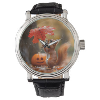 Montre Écureuil mignon avec parapluie à feuilles - Pluie
