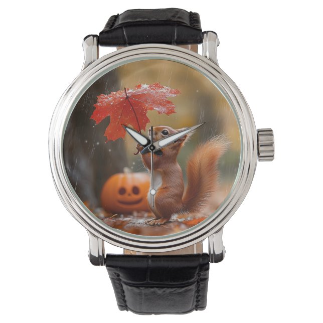 Montre Écureuil mignon avec parapluie à feuilles - Pluie  (devant)