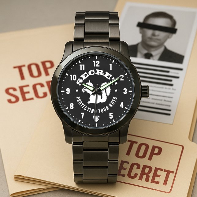 Montre Écureuil Secret "Protéger Vos Noix" Patch Noir (Secret Squirrel Protecting Your Nuts Patch Black Stainless Steel Watch)