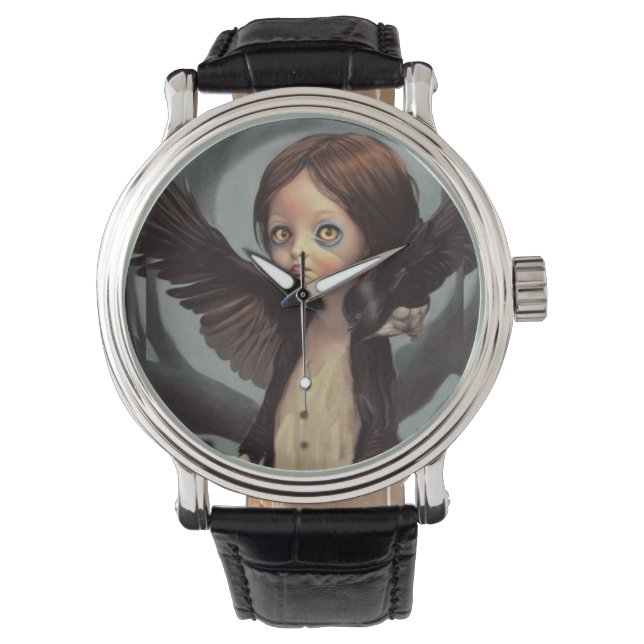 Montre Edwin gothique corbeau noir grunge (devant)