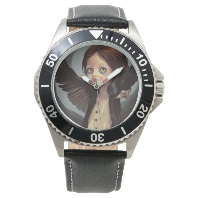 Montre Edwin gothique corbeau noir grunge (devant)