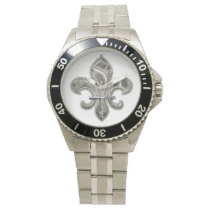Montre Effet métallique Fleur de Lis en argent