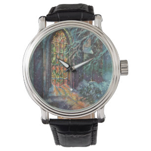 Montre Église de Noël vintage avec vitrail